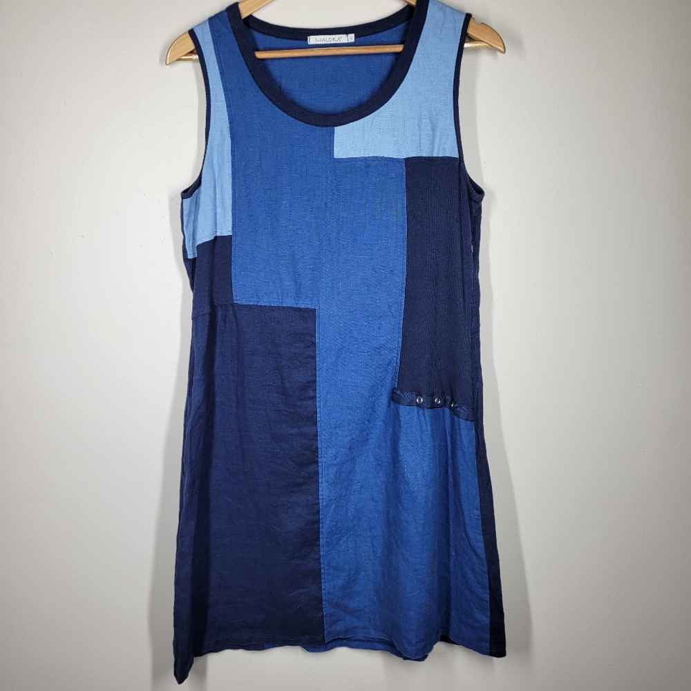 Maloka Portugal Blue Patchwork Linen Cotton Mixed Media Sleeveless Dress 4